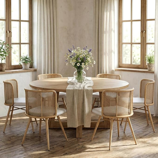 TYBOATLE Farmhouse Rattan Dining Chairs Set of 6 (Cream White) | Boho, Natural Cane Woven Back, Faux Leather Seat, Metal Legs, Upholstered, Kitchen, Dining Room