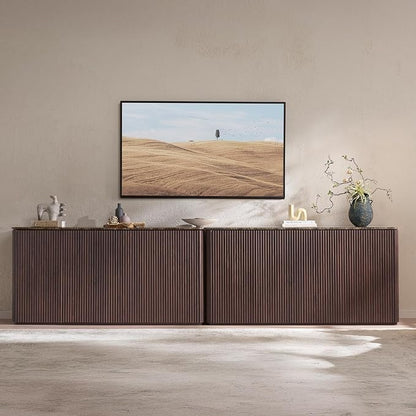 Fluted 4 Doors Sideboard Cabinet with Storage, 64" Wooden Credenza with Shelves, Faux Marble-Top Coffee Bar Console Table, Modern Buffet Cabinet for Dining, Kitchen, Living Room, Entryway, Dark Oak