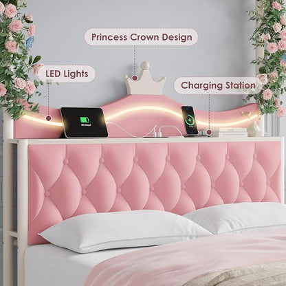 Keyluv Full Size Upholstered LED Canopy Bed Frame with Charging Station and Drawer, Button Tufted Crown Headboard with Storage Shelf, Two-Purpose Removable Four Poster Design Platform Bed, Pink