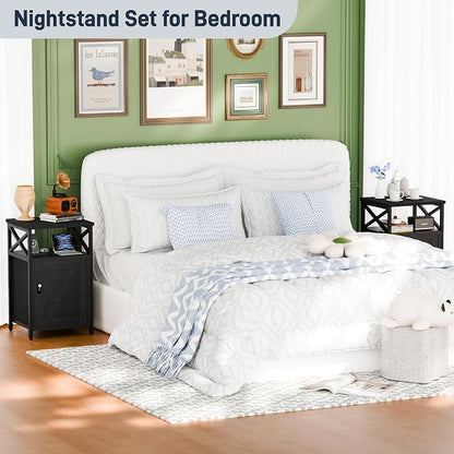 Night Stand Set 2, Bedroom Nightstands, Matching Bedside Tables, Black | Lock and Charging Station with USB C Port, Large Lockable Storage Cabinet, End Table with Door, Metal and Wood Bed Side Table