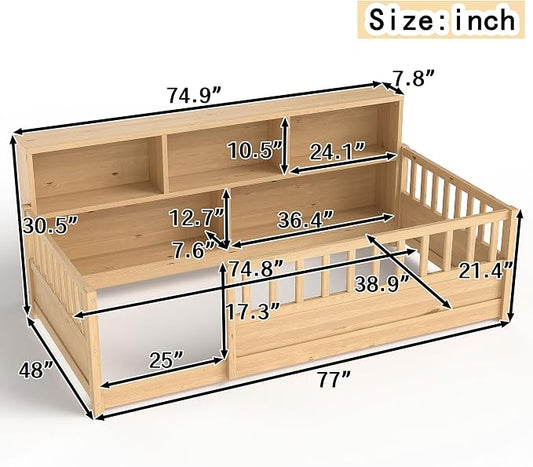 Bellemave Twin Size Montessori Floor Bed with Bookcase, Twin Floor Bed with High Fence and Storage Shelves, Easy Assemble Montessori Beds Frame for Girls, Boys, Natural
