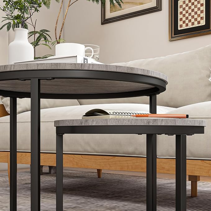 HOJINLINERO Round Coffee Table,Nesting Coffee Table Set of 2,Center Tables for Living Room,Office, Home Small Space,Stacking Side Tables,Sturdy and Easy Assembly,Wood Desktop,Black+Grey,Small