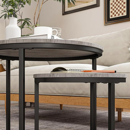 HOJINLINERO Round Coffee Table,Nesting Coffee Table Set of 2,Center Tables for Living Room,Office, Home Small Space,Stacking Side Tables,Sturdy and Easy Assembly,Wood Desktop,Black+Grey,Small