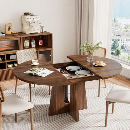 Epecoya 59-Inch Extendable Round to Oval Pedestal Dining Table, Farmhouse Wood Kitchen Table for 4-6 People, Space-Saving Expandable Dinner Table with Heavy Cross Base, Dark Brown Walnut