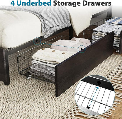 Kiivakii Full Size Bed Frame with 4 Storage Drawers, LED Platform Bed with Headboard, Built in Charging Station, Noise-Free, Metal Support Base, No Box Spring Needed, Black