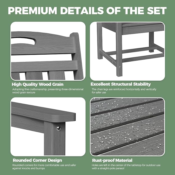 HDPE Outdoor Patio Dining Set with Table & 4 Chairs, All-Weather 5-Piece Outdoor Table and Chairs, 2" Umbrella Hole, Patio Furniture for Garden, Backyard, Deck | Grey