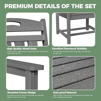 HDPE Outdoor Patio Dining Set with Table & 4 Chairs, All-Weather 5-Piece Outdoor Table and Chairs, 2" Umbrella Hole, Patio Furniture for Garden, Backyard, Deck | Grey