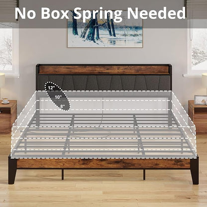LIKIMIO California King Bed Frames, Storage Headboard with Charging Station, Solid and Stable, Noise Free, No Box Spring Needed, Easy Assembly