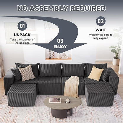 Weture 135.4" Cloud Couch Sectional, Modular Sectional Sofa with Deep Seat, Plush Corduroy U Shaped Boneless Couch, Convertible Sectional Couches for Living Room, 6Seat, Grey