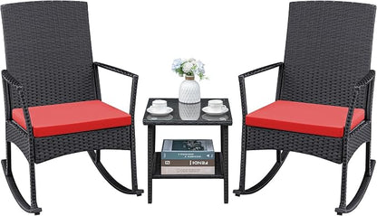 Greesum 3 Pieces Patio Furniture Set Outdoor Wicker Rocking Chairs with Glass Coffee Table for Garden Backyard Porch Poolside, Red