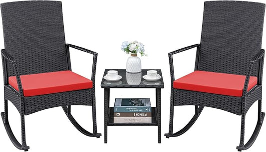 Greesum 3 Pieces Patio Furniture Set Outdoor Wicker Rocking Chairs with Glass Coffee Table for Garden Backyard Porch Poolside, Red