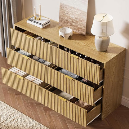 MAISONARIA 3-Piece Dresser Bedroom Set, 6 Drawer Dresser & 3 Drawer Nightstands with Gold Handles, Fluted Wood Chest of Drawers for Bedroom, Living Room, Entryway, Natural