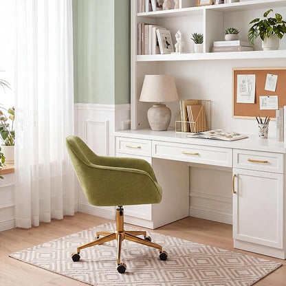 Zesthouse Vanity Chair with Wheels for Girl Women, Swivel Office Desk Chair | Green Chenille Rolling Office Chair with Arms & Gold Base, Upholstered Fabric Desk Chair for Bedroom, Height Adjustable Chair