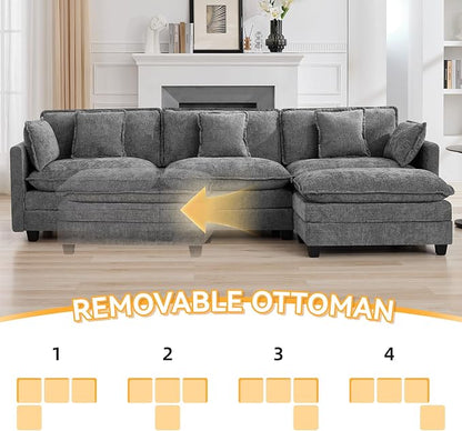 111'' Sectional Cloud Deep Seat Couch, Modern Comfy Chenille L Shaped Sectional Sofa for Living Room Set, Upholstered Modular 4-Seats Sofa Couch with 1 Movable Ottoman, Grey