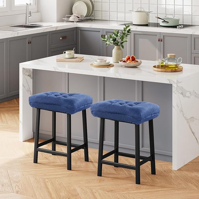 Rectangular Stool Cushion Set of 4, Soft Saddle Stool Cushions with Ties, Nonslip and Washable, Dark Blue, 18 x 10.5 x 4 Inch