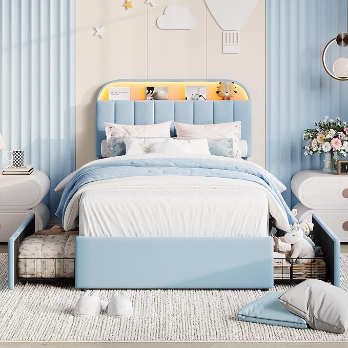 Garvee Twin XL Size Bed Frame with 2 Flexible Drawers, Upholstered Platform Bed Frame with Bookcase Headboard and LED Lights, Kids Bed for Boys, Easy Assembly, Noise Free, Blue