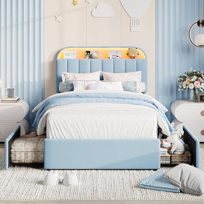 Garvee Twin XL Size Bed Frame with 2 Flexible Drawers, Upholstered Platform Bed Frame with Bookcase Headboard and LED Lights, Kids Bed for Boys, Easy Assembly, Noise Free, Blue