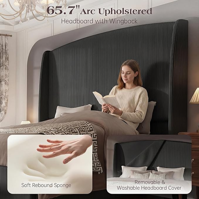 Queen Size 65.7" Tall Headboard Upholstered Bed Frame with Wingback, Soft Washable Corduroy Beds Cover, Solid Wood Legs, Noise-Free, No Box Spring Needed, Black