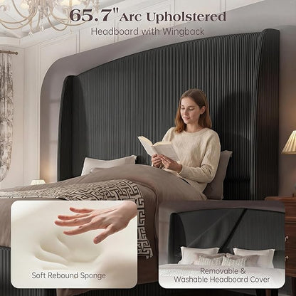 65.7" Tall Headboard California King Size Upholstered Bed Frame with Wingback, Soft Washable Corduroy Beds Cover, Solid Wood Legs, Noise-Free, No Box Spring Needed, Black