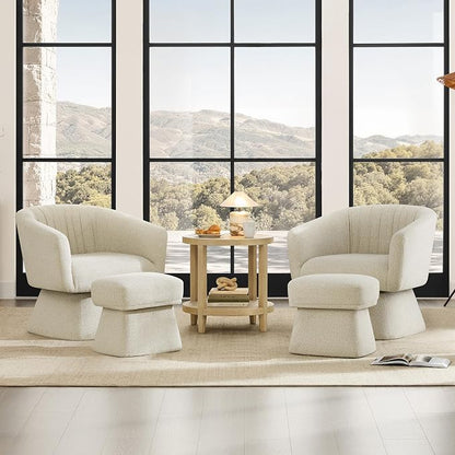 Zerel's Home Swivel Accent Chair with Ottoman, Upholstered Barrel Accent Chair, Modern Accent Chair with Pleated Backrest and Arms, Boucle Armchair for Living Room Bedroom, Set of 2, Sand