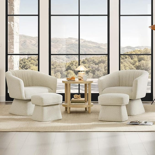 Zerel's Home Swivel Accent Chair with Ottoman, Upholstered Barrel Accent Chair, Modern Accent Chair with Pleated Backrest and Arms, Boucle Armchair for Living Room Bedroom, Set of 2, Sand
