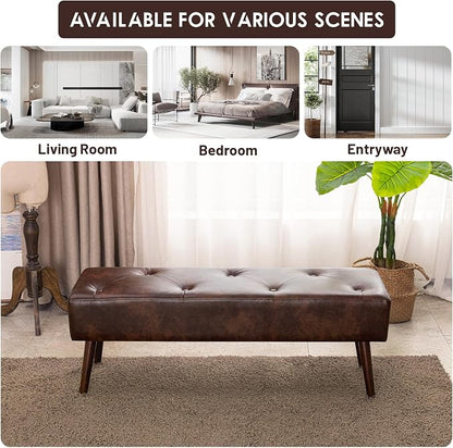 Furniliving 44 Inch Tufted Bench, Leather Footrest Bedroom Bench Seat, Upholstered Leather Indoor Bench Beathable Fabrics Ottoman Bench with X-Shaped Wood Legs for Kitchen, Solid Wood Indoor Bench