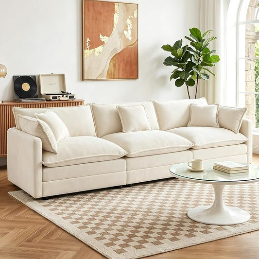 GNIXUU 111.5" Modern Cloud Sofa Couch, Upholstered Chenille 3 Seat Sofa Couch with Pillows & Armrest for Living Room, Bedroom, Deep Seat Sofa(Beige White)