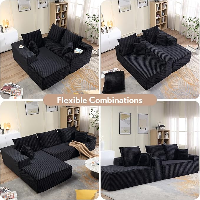 107" W Modular Sectional Sofa, Upholstered Corduroy Cloud Couch with Deep Seat, Modern 3-Seater L-Shaped Sofa for Living Room, No Assembly Required (Black, Left-Facing Chaise)