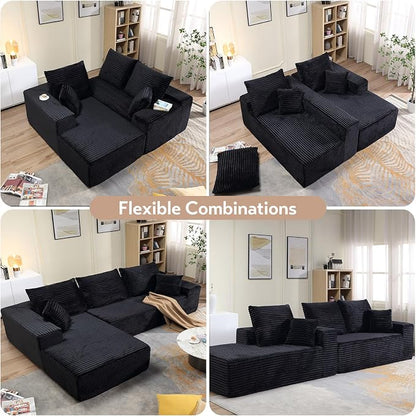 107" W Modular Sectional Sofa, Upholstered Corduroy Cloud Couch with Deep Seat, Modern 3-Seater L-Shaped Sofa for Living Room, No Assembly Required (Black, Left-Facing Chaise)