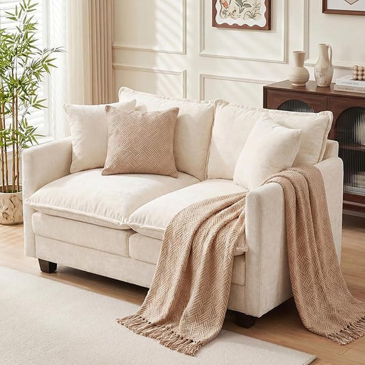 Loveseat Sofa Couch, Small Mini Compact 50" Love Seat 27" Deep Cloud Sofa Seat Washable Chenille Pillow for Apartment Bedroom Dorm Attic Studio Office Living Room Small Space 8833-BEIGE