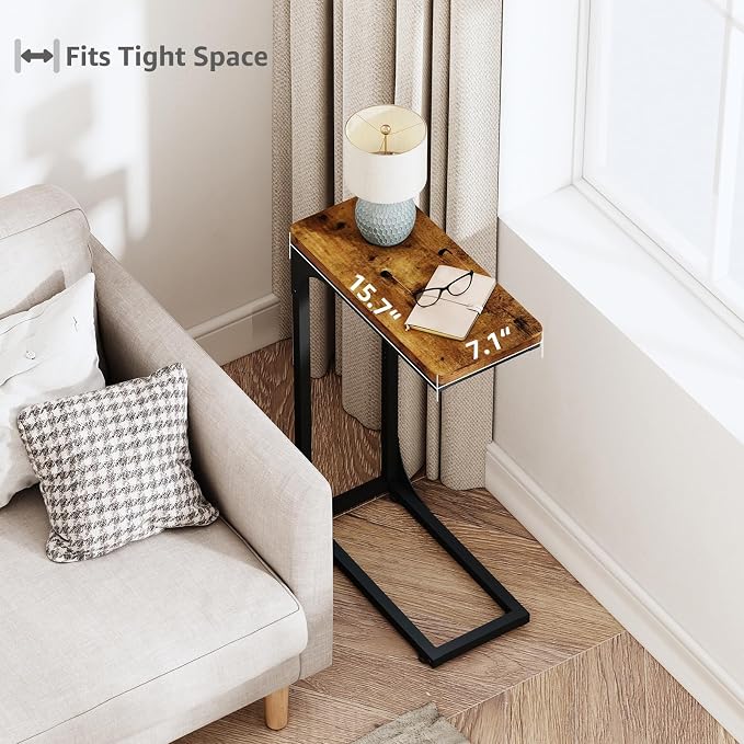 QEEIG Narrow C Shaped Side Table Set of 2 Living Room Sets Slim Couch Tray Tables Skinny Thin Small Farmhouse 7 inch Width, Rustic Brown (017-18BN)