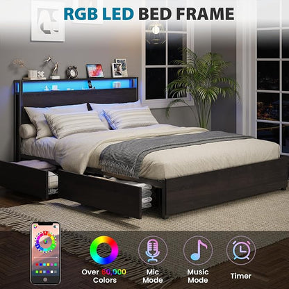 Kiivakii Queen Size Bed Frame with 4 Storage Drawers, LED Platform Bed with Headboard, Built in Charging Station, Noise-Free, Metal Support Base, No Box Spring Needed, Black