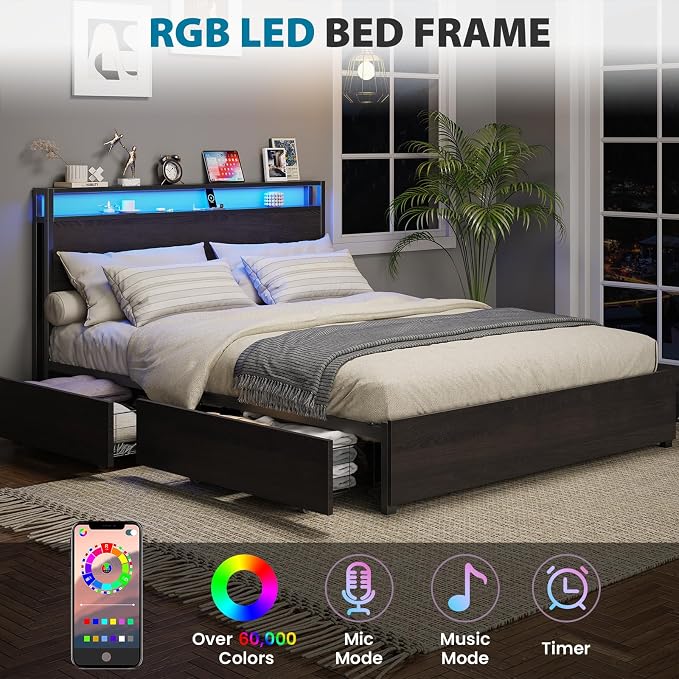 Kiivakii Full Size Bed Frame with 4 Storage Drawers, LED Platform Bed with Headboard, Built in Charging Station, Noise-Free, Metal Support Base, No Box Spring Needed, Black