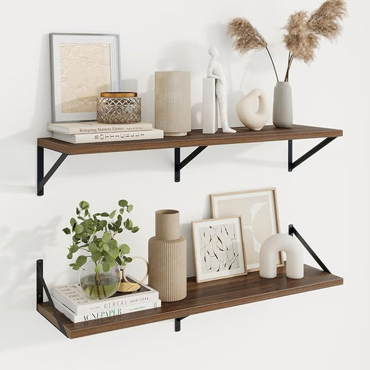 Axeman Deep Floating Shelves | 36 Inch Walnut Wall Shelves Set of 2 | 10 Inch Deep Wood Floating Shelves for Wall | 36" W x 10" D Walnut Shelves for Living Room Bathroom Kitchen