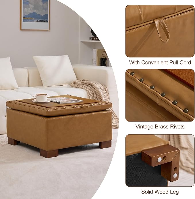 WUTUTUEE 30" Faux Leather Square Storage Ottoman with Wooden Tray, Modern Tufted Button Footstool Coffee Table, Upholstered Large Ottoman for Living Room, Bedroom, Brown