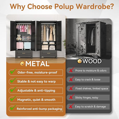 Polup Metal Armoire Wardrobe Closet with Drawer, 71“ Tall Wardrobe with Doors and Shelves, Metal Wardrobes Closet with Hanging Rod, for Bedroom, Garage, Laundry, Black