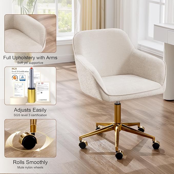 Zesthouse Vanity Chair with Wheels for Girl Women, Swivel Office Desk Chair | Beige Chenille Rolling Office Chair with Arms & Gold Base, Upholstered Fabric Desk Chair for Bedroom, Height Adjustable Chair