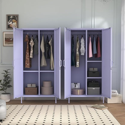 Lockable Closet Metal Wardrobe 67" Purple 2 Door Wardrobe Bedroom Storage Cabinet Adjustable shelf Multi functional metal Storage Cabinet with hanging rail for domestic use 18.1" D x 31.5" W x 67" H