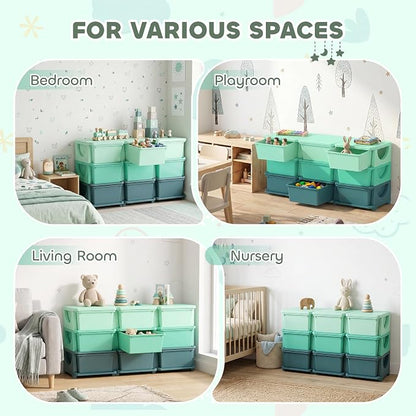 Qaba 9 Drawers Kids Storage Unit, 3 Tier Stackable Toy Organizers and Storage Chest for Bedroom, Nursery, Playroom, Living Room, Boys, Girls, Toddlers, Green
