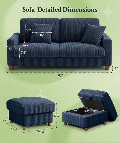 Welzona 70.2" Couches for Living Room, Comfy L Shaped Couch Blue 7.1" Thicker Cushion, Sofas for Living Room Tool-Free Setup, Loveseat with Ottoman 705lbs Support, Corduroy Couch for Bedroom, Office