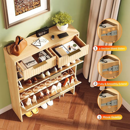 VINGLI Fluted Shoe Cabinet for Entryway, Slim Shoe Storage Cabinet with 2 Flip Drawers & 2 Top Drawers, Modern Hidden Shoe Rack Organizer with Adjustable Shelves, Narrow Freestanding Console, Oak