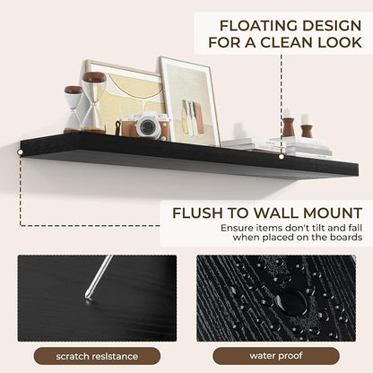 RICHFOCUS 55Inch Floating Shelves for Wall 2 Pack Shelves for Bedroom|Kitchen|Bathroom Wall Mounted Rustic Wood Floating Shelf with Invisible Brackets for Books|Storage|Decor, Black