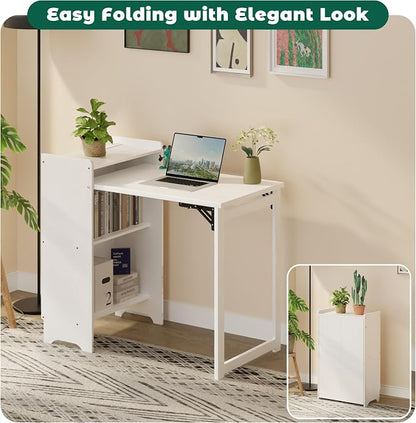 HDDFER Folding Desk with Built-in Outlet,for Small Spaces,Hidden Desk with Storage Shelf, Foldable Computer Desk for Bedroom Home Office, Mid Century Modern Fold Out Table Writing Table, White