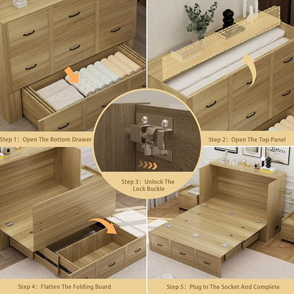 Full Size Murphy Bed with Charging Station and Drawer Farmhouse Cabinet Bed Wood Space-Saving Hidden Folding Platform Bed Chest for Home Office Bedroom Guest Room Apartment,Natural