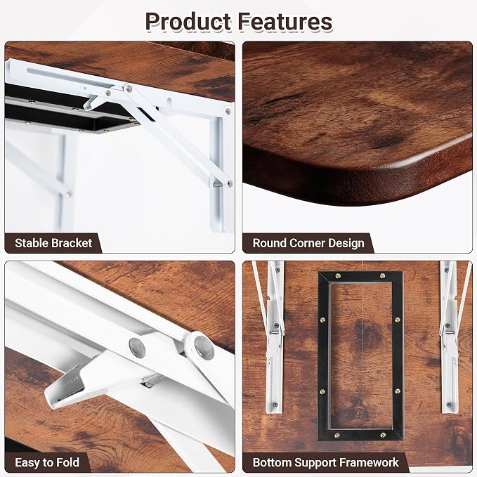 Neoaider Wall Mounted Folding Desk 23.6” x 15.7”, Brown | Drop Down Table with Metal Collapsible Brackets, Folding Wall Table for Small Spaces, Home, Office, Kitchen, Laundry Room