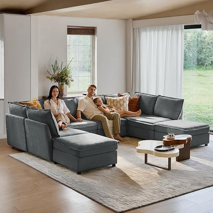 HULALA HOME Oversized Modular Sectional Sofa, 8 Seat U Shaped Couch with Storage Ottoman, Comfy Chenille Sofa with Deep Seat, Convertible Sectional Couches for Living Room, Grey