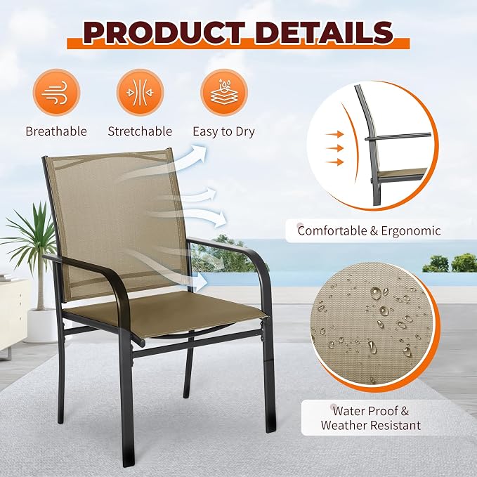 SUNCROWN 7 - Piece Outdoor Dining Set, Patio Furniture Set with 6 x Textilene Dinning Chairs and 1 Steel Slat Metal Bistro Table for Lawn Garden Backyard Deck, Brown