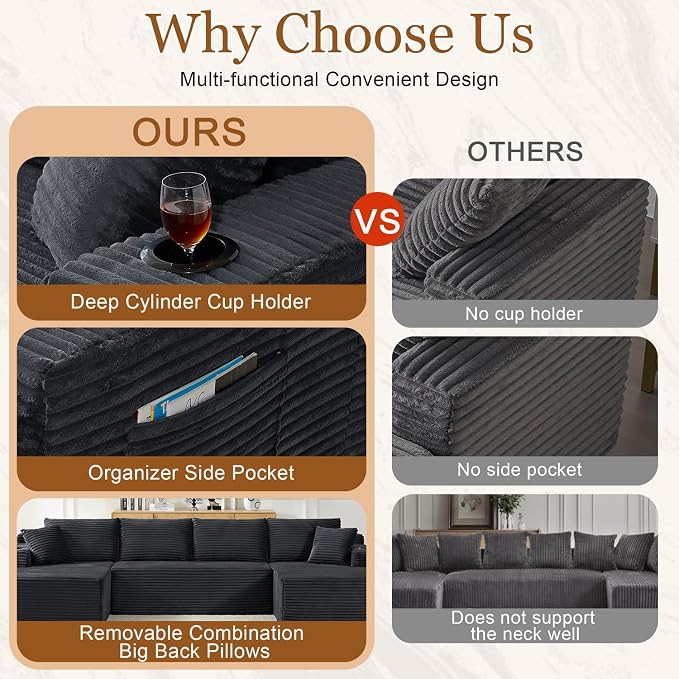 Modular Sectional Sleeper Sofa,134 Inch Boneless Cloud Couch for Living Room, U Shaped 5 Seat Sofa with 2 Storage Pockets& 2 Cup Holders, Free Combination, No Assembly Required (Dark Grey)