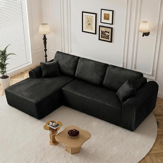 110" L Shaped Boneless Sectional Couches for Living Room, Comfy Corduroy Floor Cloud Sofa with Chaise, Wide Armrest, Deep Seat, Memory Foam, Assembly Free, Ideal for Small Spaces, Black