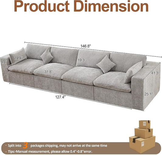 146''Cloud Boneless Sectional Couch, Modular Sectional Sofa Deep Seat, Oversized Upholstered Convertible Comfy 4 Seater Chenille Memory Foam Sofa Couches for Living Room, Light Grey